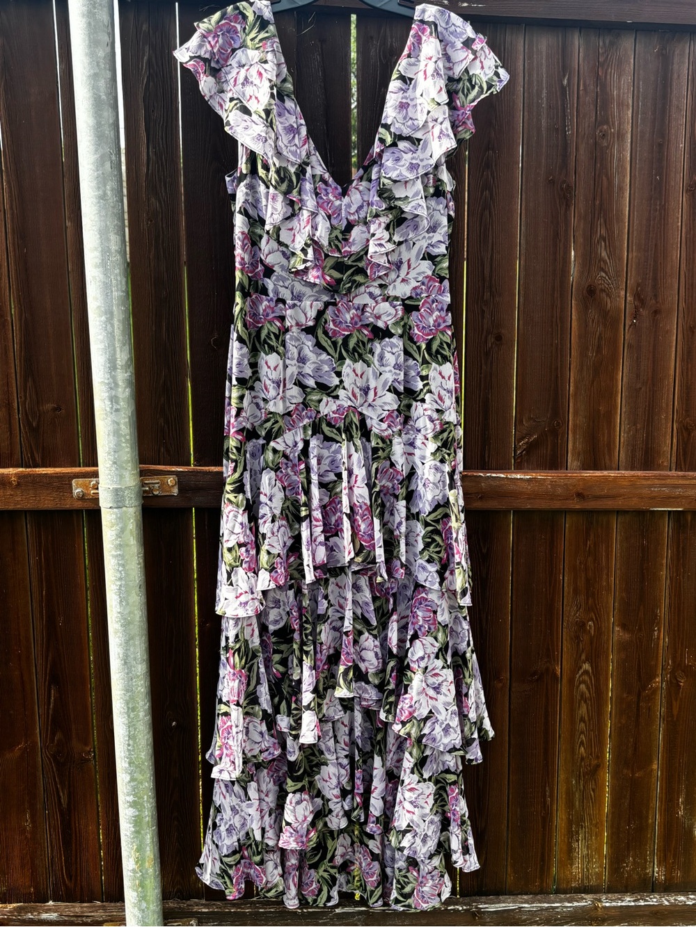 Wayf Floral Ruffle Tiered Maxi Dress in Purple and Green. NWOT
